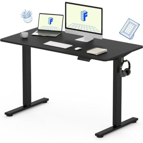 black electric standing desk with digital keypad and headset hook
