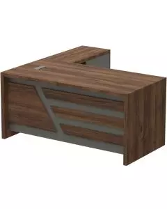 Noce 1825 160cm L-shaped executive desk in dark walnut with grey contrast modesty panel isolated view