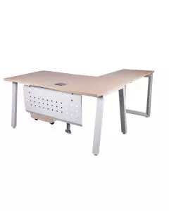 L-shaped office desk with a light wood top white metal legs and a perforated modesty panel.