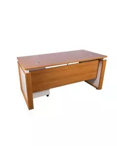 Rectangular wooden office desk with light brown finish white side panels and two cable management holes on the tabletop.
