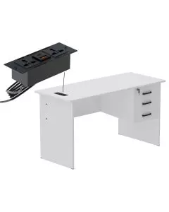 Mahmayi white writing desk with three-drawer pedestal and recessed black power module callout