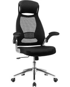 Black high back mesh office chair with headrest and flip up armrests