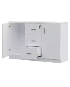 White credenza with left door open revealing interior shelf and bottom drawer pulled out showing three central drawers with metallic handles and key lock