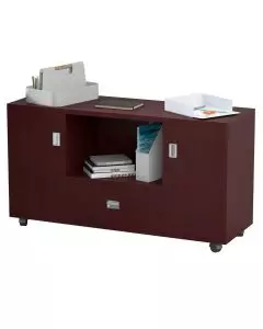 Argent 239 Apple Cherry side extension cabinet with open centre shelves and centre drawer on castors shown against white background