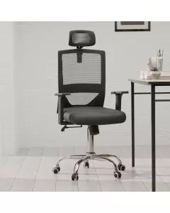 Mahmayi HY-902 black mesh office chair with headrest and chrome base positioned beside a work desk