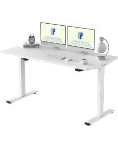 White electric standing desk with dual monitors and T legs
