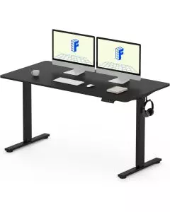 black electric standing desk with dual monitor setup and headphone hook
