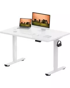 White electric standing desk with monitor laptop and headphone hook