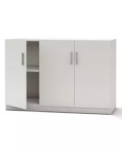 White three door credenza with left door open showing shelf