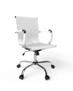White ribbed low back office chair with chrome base and arms three quarter view