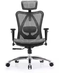 Front view grey mesh ergonomic office chair with headrest