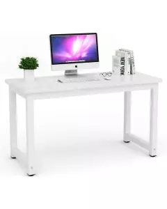 Mahmayi ZCD-25W white computer desk with steel frame styled with monitor keyboard and plant on white background