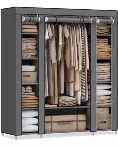 Grey fabric wardrobe with three sections hanging rail and shelves