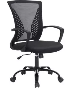 Black mid back mesh office chair with fixed arms on caster base