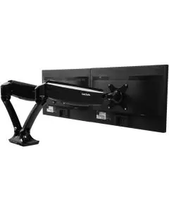 Black dual monitor arm holding two screens side by side viewed from rear angle