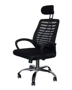 Mahmayi TJ HY-903 black high back mesh executive swivel chair with headrest and chrome base shown at an angle