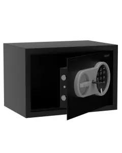 Mahmayi Seguri 20Ea black digital safe with door open showing keypad and steel locking bolts