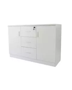 White wooden storage cabinet with two doors three drawers and a lockable compartment featuring a key.