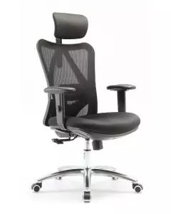 Black mesh ergonomic office chair with headrest front left angle