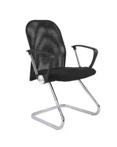 Sarah M3A black mesh visitor chair with chrome cantilever base and fixed armrests angled front view