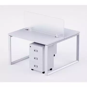 Mahmayi 2 seater Loop workstation white melamine worktop polycarbonate divider three drawer mobile pedestal close-up front angle