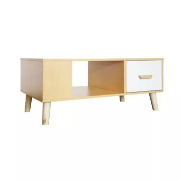 Mahmayi 302 multifunctional coffee table in beech and white with open shelf and single white drawer on splayed solid wood legs