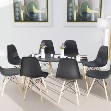 Cenare 9-piece black dining set with rectangular table and eight DSW-style plastic chairs with natural wood legs in a modern dining room