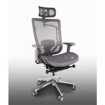 Grey high back mesh ergonomic office chair with adjustable headrest and polished aluminium base on white background