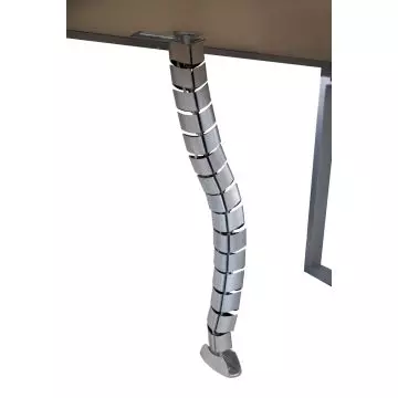 Silver segmented snake cable manager mounted under desk with floor anchor bracket
