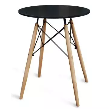 Mahmayi black round pantry table with natural beech wood quad legs and black iron cross frame support