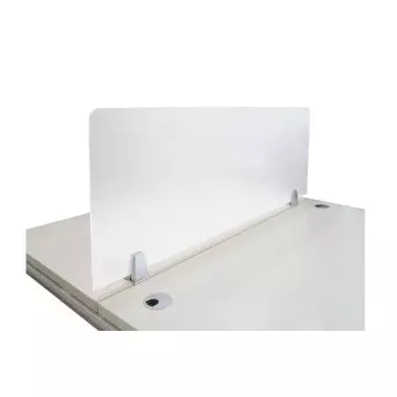 White frosted acrylic desk divider panel mounted between two workstation surfaces using silver clamp feet