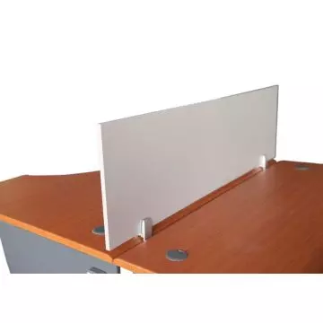 Mahmayi Deler 120 white wood divider panel mounted between two cherry wood office desks using clip brackets