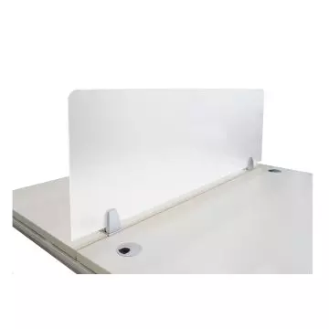 White frosted acrylic desk divider panel clipped onto a shared office workstation surface