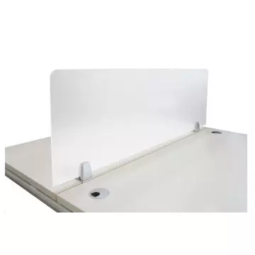White frosted acrylic desk divider panel mounted on shared office workstation with silver clamp brackets
