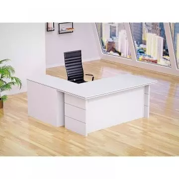 Mahmayi white ED-4 L-shaped executive desk 180cm styled in a modern office setting with black executive chair