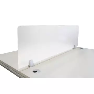 White frosted acrylic desk divider panel clamp-mounted between two workstation surfaces