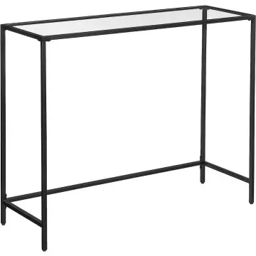 Black metal console table with clear glass top