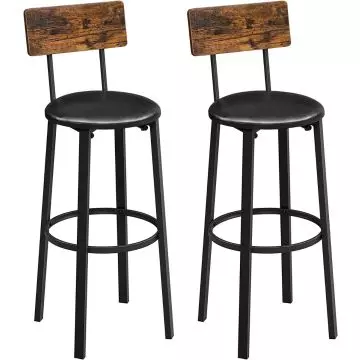 Set of two black metal bar stools with round cushioned seats and rustic wooden backrests.