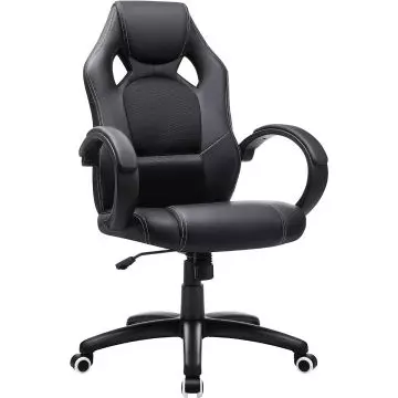 Black gaming office chair with mesh back and curved armrests