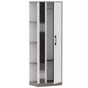 White wooden wardrobe with a mirrored sliding door  three internal shelves  and a black handle.
