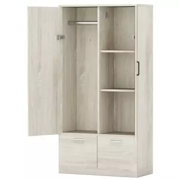 Light wood wardrobe with open doors  featuring a hanging rod  shelves  and two bottom drawers.