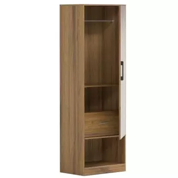 Tall wooden wardrobe with an open design  featuring multiple shelves  a hanging rod  and a drawer  partially closed with a single door.