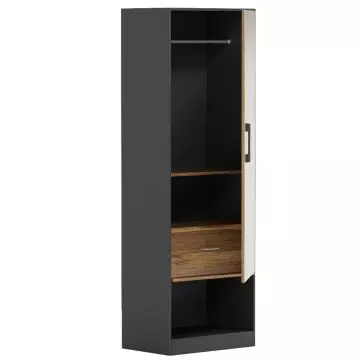 Black and wood wardrobe with a white partially open door  featuring a hanging rod  a shelf  a drawer  and an open compartment.