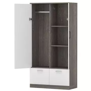 Two-tone wardrobe with a gray wood finish and white doors  featuring a hanging rod  three shelves  and two bottom drawers.