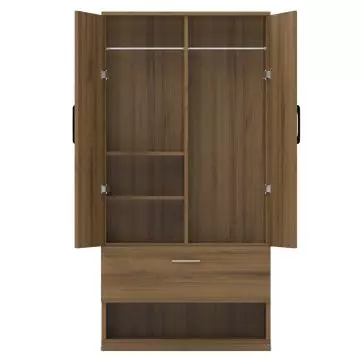 Brown wooden wardrobe with open doors  featuring a hanging rod  shelves  and a large drawer at the bottom.