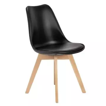 Black Eames style cushion chair with molded ABS shell and natural beech wood legs on white background