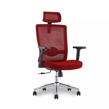 SleekLine T01B high back red mesh ergonomic office chair with headrest chrome base and adjustable armrests angled view