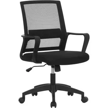 Black mesh ergonomic office chair with armrests  height adjustment lever  and swivel base on casters.
