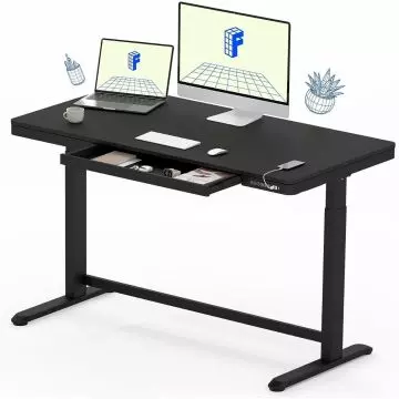 Black height-adjustable standing desk with built-in drawer and USB ports  featuring a computer monitor  laptop  and office accessories.
