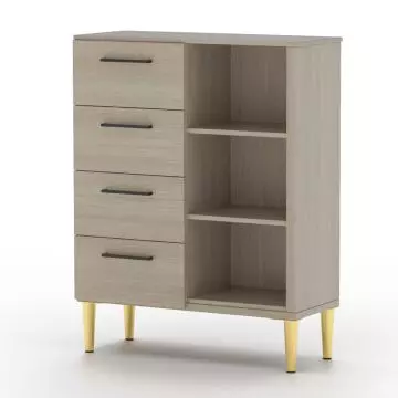 beige grey oak chest of drawers with 3 open shelves and gold legs